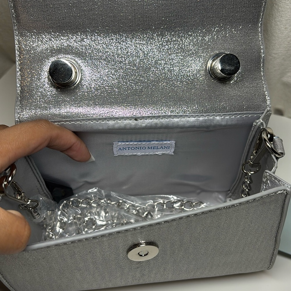 Antonio Melani Metallic Bow Top Handle Satchel Bag In Silver | NWT - Picture 12 of 13